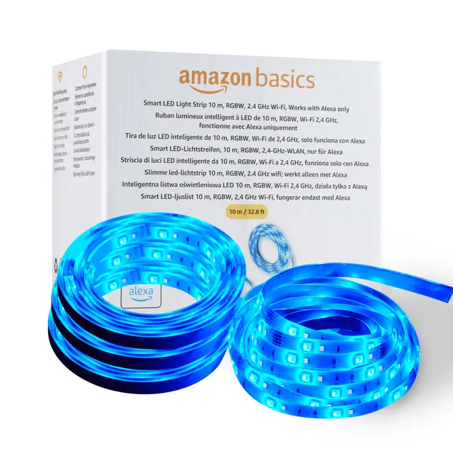 Amazon Basics Tira de luz LED inteligente de 10 m, RGBW, funciona solo con Alexa, Multicolor