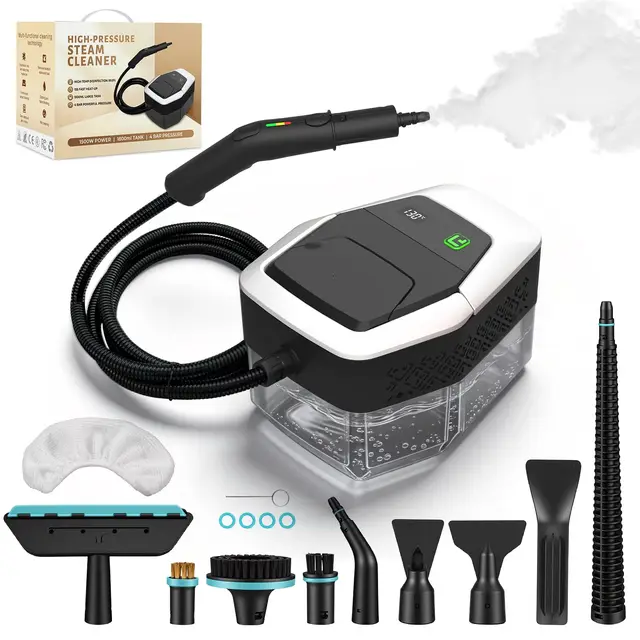 Vaporeta limpieza hogar, limpiador de vapor portátil 1500W, vaporeta de mano calentamiento rápido en 15s, depósito de agua de 1,8 L, con 12 accesorios para coches, blanco (Mantenga 3s para comenzar)