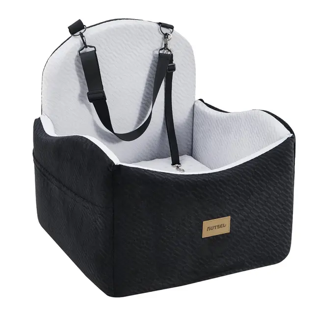 Asiento de Coche para Perros Medianos y Pequeños – Elevador Impermeable y Lavable con Arnés, Bolsillos y Base Antideslizante, para Asiento Trasero o Delantero, Negro-Gris
