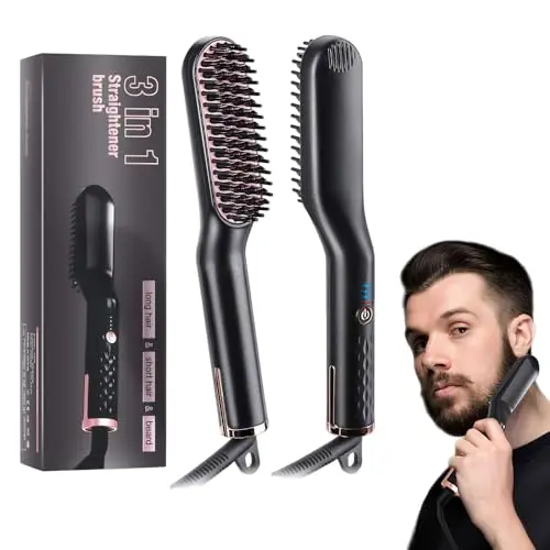 Plancha de barba para hombres, plancha de barba 3 en 1, cepillo eléctrico para alisar barba, 3 niveles de calor, función antiquemaduras, 3 temperaturas de calor para peinar barba larga y corta en casa