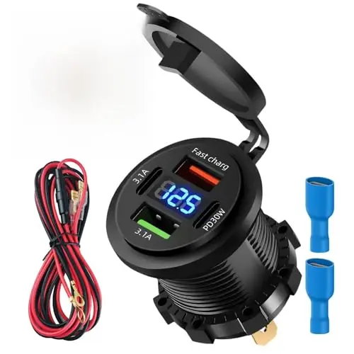 4 Puertos Toma USB de 12V Cargador de Coche, rapida Doble PD3.0 y QC3.0 USB C Enchufe Impermeable Mechero con Led Voltímetro Interruptor Múltiples Puertos para Barcos Autocaravanas Camiones Motos