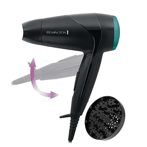 Remington Secador de Pelo Pequeño Compacto, Secador de Viaje, 2000W, Plegable, Ideal Gimnasio, Concentrador, Difusor Compacto, Caudal 60km/h, 3 Temperaturas, 2 Velocidades, Gancho Para Colgar - D1500