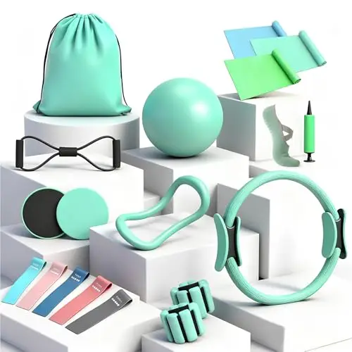 Kit Pilates en Casa Completo para Mujer, Incluye Aro Pilates de 14", Pelota de Pilates, Bandas Elásticas Musculación, Gomas Elásticas, Pesos de Muñeca Ajustables, Ideal para en Casa