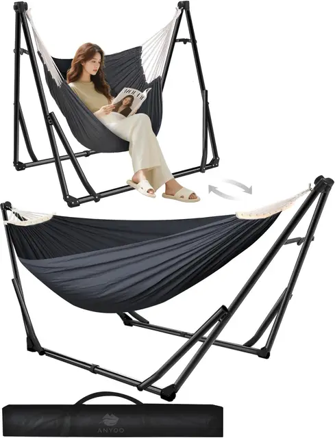 Anyoo Hamaca y Silla de Algodón Con Soporte Plegable, Set Portátil de Doble Uso Para Interior y Exterior, Jardín, Terraza, Patio, Camping, Cubierta