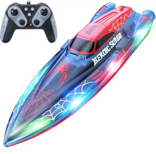 DEERC Barco teledirigido de 13 Pulgadas para niños, Barco araña teledirigido de 2,4 GHz con Luces LED para Piscinas y Lagos, Juguete acuático de Verano para niños de 8 a 12 años, 2 Pilas