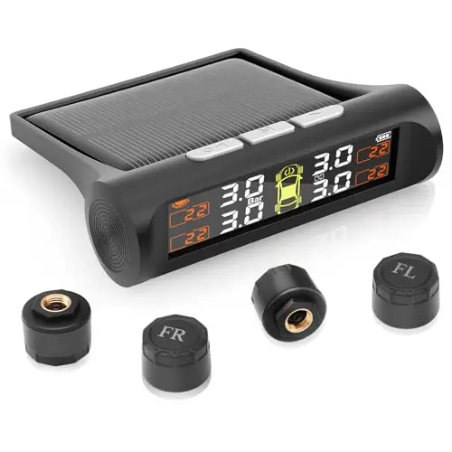 TPMS Monitoreo Presión Neumáticos, Carga Solar/USB,5 Funciones de Alarma,para Autocaravana/Berlina/SUV/MPV/Remolque (4 Sensores, 3.5 Bar)