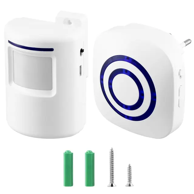 QWORK® Detector de Presencia para Tienda, Timbre Inalámbrico con 1 Receptor Electrónico y 1 Detector de Sensor de Movimiento PIR, 38 Tonos, 3 Niveles de Volumen, Rango 70m