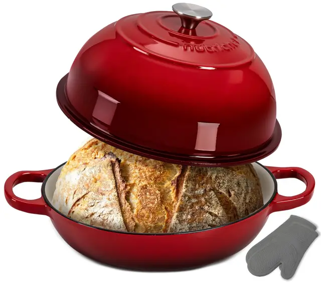 NutriChef horno holandés redondo de hierro fundido esmaltado para pan de masa madre, Molde con tapa tipo domo, Incluye guantes de silicona, 26 cms