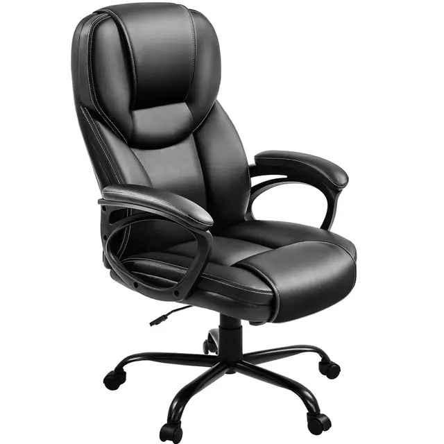 Yaheetech Silla de Oficina de Piel Sintética con Respaldo Alto Ergonómico Soporte Lumbar Altura Ajustable Silla de Escritorio Base de Metal Negro
