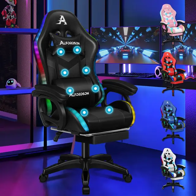 ALFORDSON Silla Gaming con Masaje y LED, Silla Gamer Ergonómica con Reposapiés Telescópico, Cojín Lumbar y Cervical, Iluminación para Juegos, Oficina, Ordenador, Videojuego, Cuero PU(Negra)