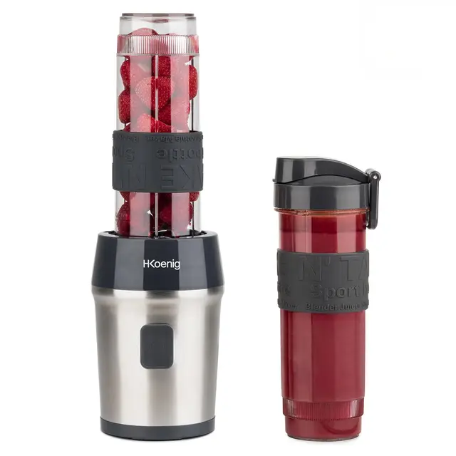 H.Koenig Mini batidora Smoothie maker Compacto 570mL SMOO9 Sin BPA Potente 300W, Batidora de Smoothie 2 Botellas Portátiles, 4 Cuchillas de Acero Inoxidable, Gris