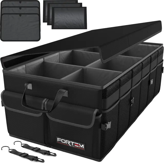 FORTEM Organizador Maletero Coche - Caja Maletero Coche Plegable con Base Antideslizante y Correas Ajustables - Bolsa Organizador con Compartimentos y Tapa con Tela Oxford 600D - Accesorios Coche 85L