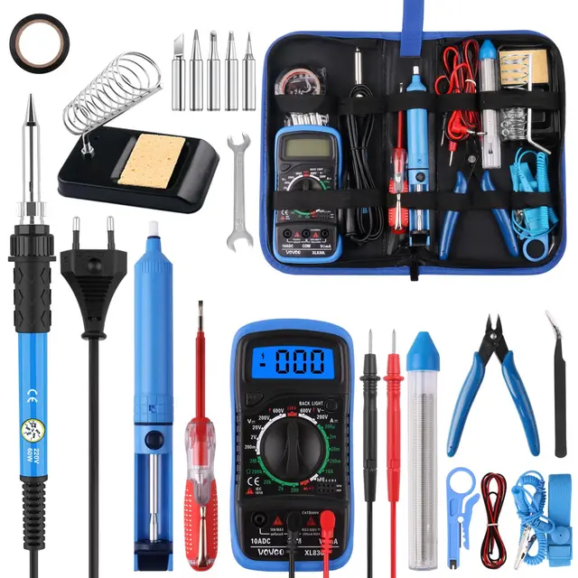 Soldador Estaño Set 24 in 1 con Caja de Herramientas, 60W Kit Soldadura Eléctrónica con Multímetro Digital,Temperatura Ajustable 200-450℃,Puntas Soldador