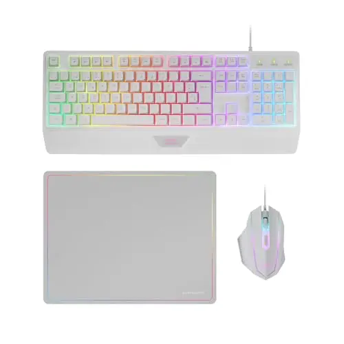 Mars Gaming MCP124, Layout Portugués, Combo Gaming 3en1, Teclado Ergonómico H-Mech LED RGB, Ratón RGB 3200DPI Switches HUANO, Alfombrilla Nanotextil 360x260mm, Compatibilidad Multiplataforma, Blanco
