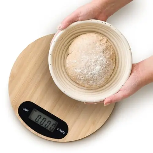 NK Báscula de Cocina Digital Redonda de Bambú - Pantalla LCD, Medición Precisa hasta 5 kg, Multiformato, Control por Botones