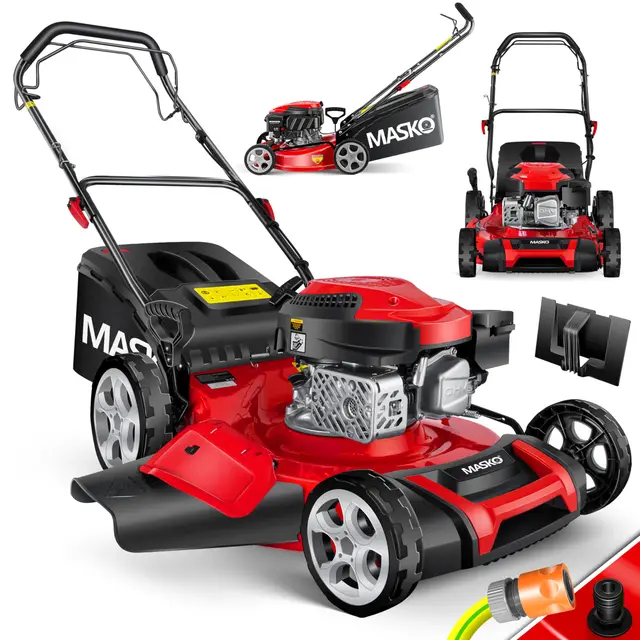 MASKO® Cortacésped de Gasolina, 5 en 1, accionamiento de Ruedas, función de Limpieza, función de mantillo, expulsión Lateral, Ancho de Corte 8 Veces, Ajuste de Altura de Corte, Motor de 4 Tiempos