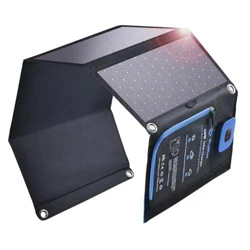 BigBlue 28W Cargador Solar Portátil, 2 Puertos (USB-C/USB-A) y IP44 Impermeable, Panel Solar Plegable con LCD Amperímetro Digital para Dispositivos Recargables, iPhone, Android, GoPro Etc