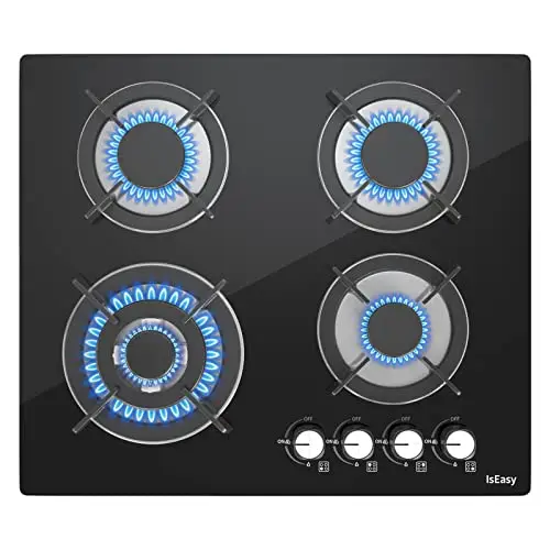 Placa de gas con 4 fuegos – Autosuficiente placa de cocción de gas – Cocina empotrable – Gas Natural/Propano (4 Quemadores – Cristal)