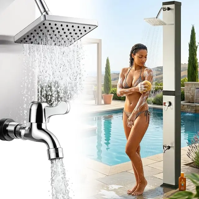 Ducha Solar de Jardín Exterior 40 litros hasta 60° C y Grifo - Conexión de Manguera de Jardín - Cabezal de Ducha Regulable - para Piscina Camping Vacaciones Playa - Ocean en Negro/Plata