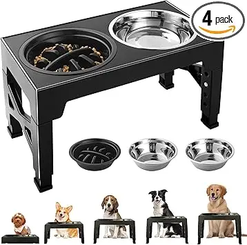 Comedero Perro Elevado y Ajustable - 2 Cuencos de Acero Inoxidable (1200ml) + 1 Comedero Lento (800ml) - Base Antideslizante para Perros Medianos/Grandes