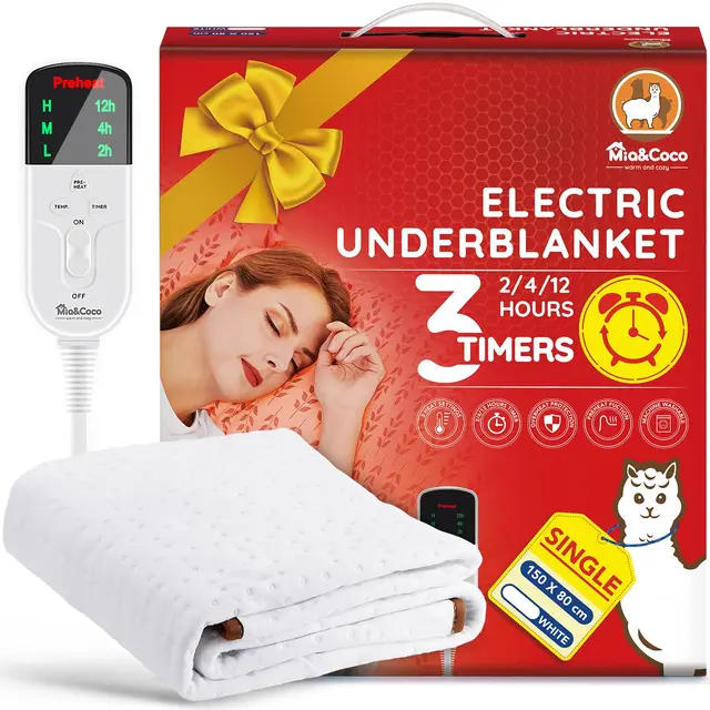 Calientacamas, Calefacción bajo la cama, 150 x 80 cm desconexión automática, Calienta Camas, Manta Eléctrica con temporizadores de 12 horas y 3 ajustes de calor, protección contra sobrecalentamiento