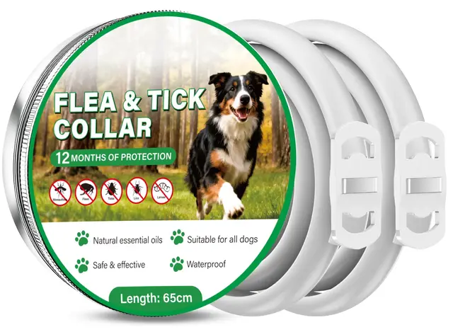 Collar Antiparasitario Perros 2 Unidades, hasta 12 Meses de Protección Prolongada, Collar Antipulgas y Garrapatas con Aceites Esenciales Naturales, 65 cm Ajustable Impermeable para Todos los Perros