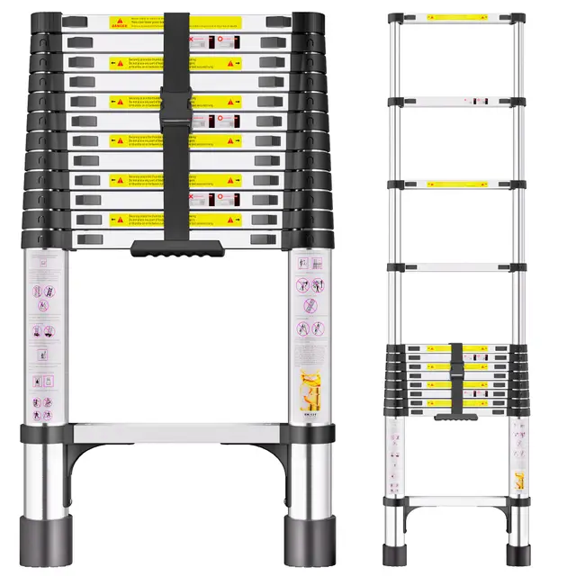 Escalera telescópica de Acero Inoxidable, 3,8m Escalera Extensible Portátil con Patas Antideslizantes, Ideal para áticos, techos, autocaravanas, decoración y Mantenimiento