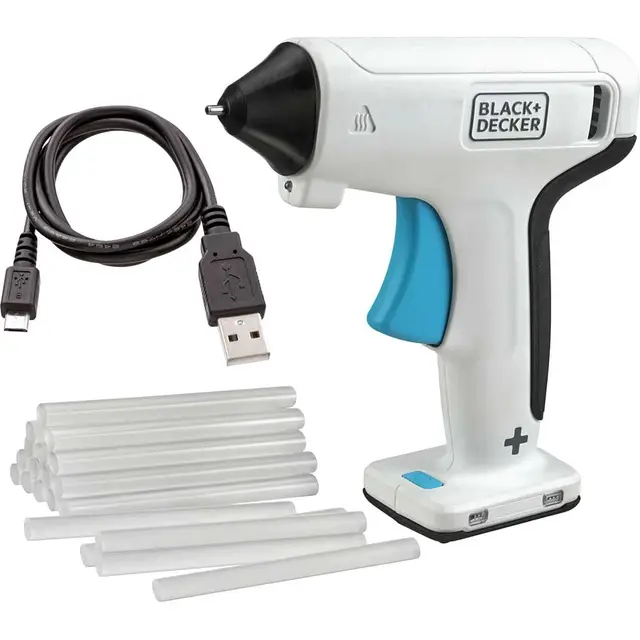 BLACK+DECKER BCGL115-XJ - Pistola De Cola 3,6v, Calentamiento en 30seg, Bateria 1,5Ah Litio, Luz LED, Carga USB, Incluye 20 barra de 7mm, Compatible con barras de colores