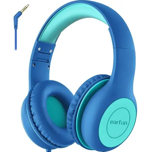 EarFun Auriculares para Niños con Cable Jack 3,5 mm, Cascos Infantiles con Volumen Limitado 85 dB, Diadema Plegable y Ajustable, Función de Compartir Audio, para Escuela y Viaje, Azul-Verde