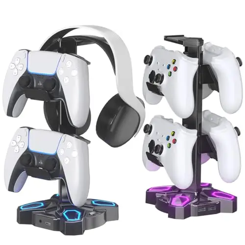 KDD Soporte Auriculares Gaming, LED Soporte Cascos y Mando con 2 Puertos de Carga USB & 1 Tipo-C & 3,5mm Conector de Audio, Headset Stand con 9 Modos de Luz para Accesorios Gaming PC PS4 PS5, Negro