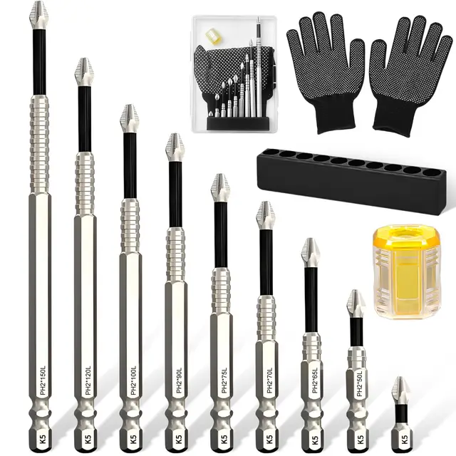 9 Piezas Juego de Puntas Atornillador Imantadas Puntas Destornillador Resistente Impacto Ph2 Brocas Antideslizantes con Anillo Imantador para Taladros Electricos y Atornilladores Impacto (25-150 mm)