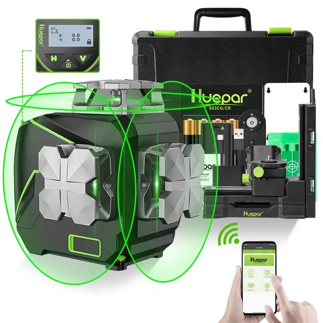 Nivel Láser 3x360 ° Huepar, Autonivelante con Pantalla LCD, 3D Conectado por Bluetooth, Herramienta Láser Línea cruzada de haz Verde, Línea láser Horizontal/Vertical-Control Remoto Incluye S03CG