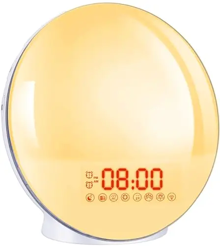 Despertador Luz,Despertador amanecer,Reloj despertador analógico con amanecer y atardecer en pantalla completa,7 luces de colores y 7 sonidos naturales,20 Niveles Brillo (Estándar)