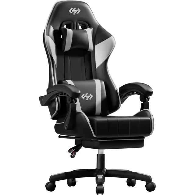 HLFURNIEU Silla Gaming Ergonómica, Silla Gamer con Reposacabezas y Reposapiés Retráctil, Cadeira Gaming con Soporte Lumbar, Sillon Gamer Altura Ajustable, Negro y Blanco
