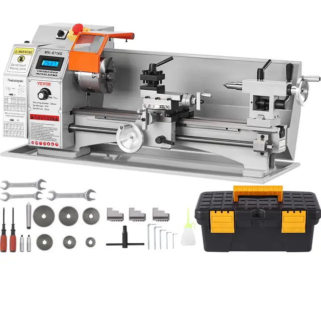 VEVOR Mini máquina de torno de metal, 7 pulgadas x 16 pulgadas, 800 W de precisión de sobremesa, 150-2500 RPM de velocidad continuamente variable, con caja de herramientas de portabrocas de metal de