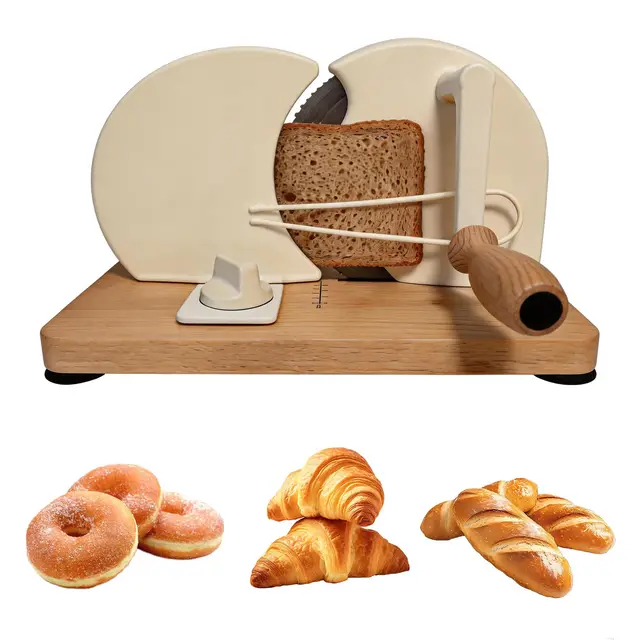 Cortador de Pan Manual con Base de Madera, Cortadora de Pan Regulable de Grosor para Pan de Molde, Baguette y Pan Integral, Ideal para Cocina Doméstica, Cafeterías y Repostería Artesanal