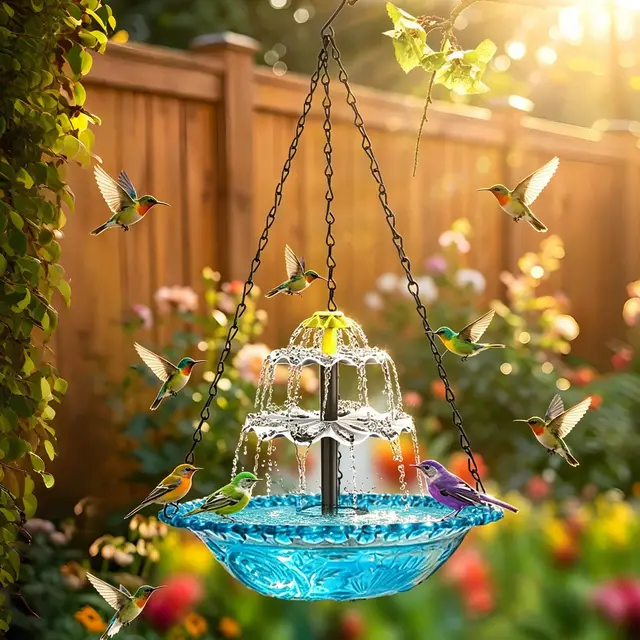 Bebedero solar para pájaros con fuente, fuente solar para pájaros para jardín, balcón, bebedero para pájaros colgante con cadenas de metal, juego de agua para exteriores para pájaros (azul)