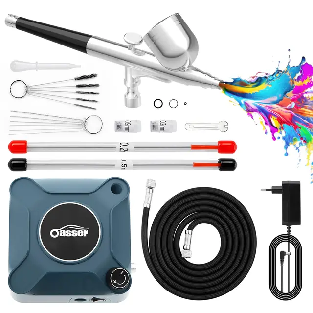 Oasser Mini Kit Aerógrafo con Compresor Profesional Airbrush 36PSI Doble Acción Juego Pistola Regulación Voltaje Continua Modelos Decoración Tartas Uñas