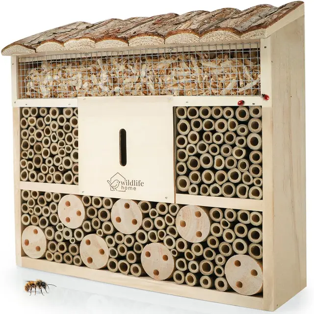 WILDLIFE HOME Hotel para insectos con techo de corteza I Sin tratar, casa de abejas de madera maciza para abejas, mariquitas y crisopas, casa de insectos I Nido para colgar hotel para insectos