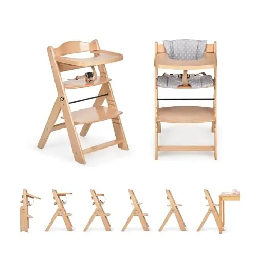 ms Trona para bebé de Madera Full PLEGABLE - Evolutiva- Silla Alta, Ergonómica, Regulable, Segura, Madera/Gris