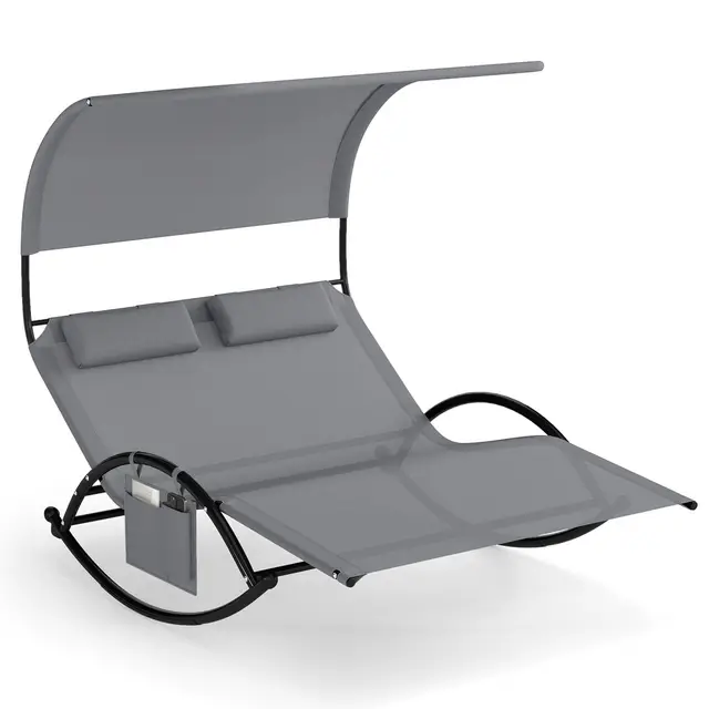 KOMFOTTEU Tumbona Doble de Jardín para 2 Personas, Tumbona Mecedora con Toldo y 2 Reposacabezas, Hamaca Basculante de Textilene, Chaise Lounge para Terraza, Piscina, Baño de Sol (Gris)