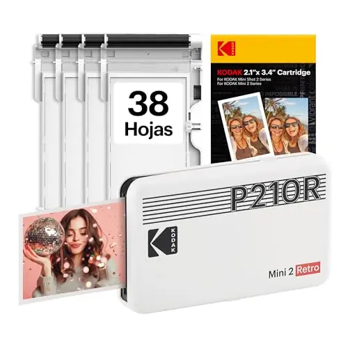 KODAK Mini 2 Retro Navidad Regalos 4Pass, Impresora Fotográfica + 38 Fotos, Fotos Instantáneas Tamaño 54X86mm, Conexión Inalámbrica Bluetooth - Blanco