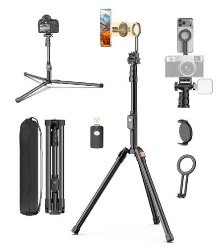 XXZU 187cm Magnético Tripode para Movil, Tripode Camara Ligero con Control Remoto y Soporte Magnético, Aluminio Trípode para Teléfono portátil, Trípode de Viaje para iPhone/Android/Cámara/Webcam