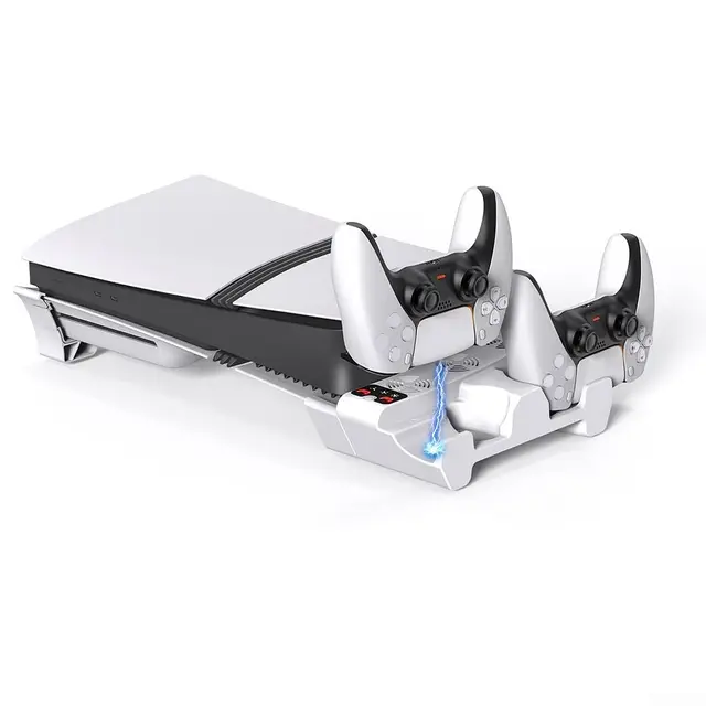 Soporte de refrigeración para consola de juegos para PS5 Pro/Slim, cargador doble con ventilador de 3 velocidades, indicadores LED, diseño delgado blanco