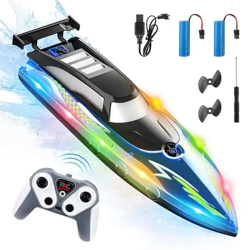Barco de Control Remoto, 2.4 GHz Barco eléctrico Impermeable de Alta Velocidad con 2 baterías Recargables y luz LED Barcos eléctrico inalámbrico Ship de Carreras para niños Adultos (Blue)