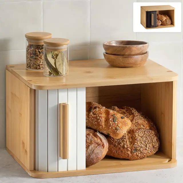 Panera de Madera Pequeña - Con Puerta Corredera – Panera Bambú FSC® para Guardar el Pan 33 X 23 Cm – Ahorra Espacio - Elegante Para Una Frescura Prolongada- Blanco