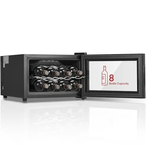 FOHERE Vinoteca de 8 botellas, frigorífico de mesa con puerta de vidrio, 22 litros LED + pantalla digital, frigorífico para bebidas con puerta de vidrio, 8-18 °C, zona única