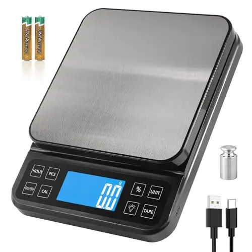 Báscula de cocina grande BOMATA, precisión de 0.1g/0.001oz, capacidad de 5kg/11lb, con función de porcentaje, recargable por USB, pantalla LCD visible, plato de acero inoxidable, Negro y Marrón