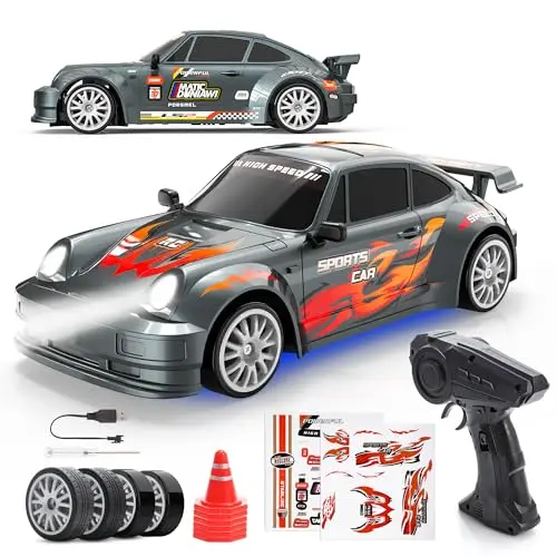 HappyGoLucky Coche RC Drift Car, Coche Teledirigido Drift con Luces LED, 2.4 GHz, 10-15KM/H, 4WD 1:24 Mini Drift Car Juguetes Niños 3-12 Años para Adultos - Regalo Navidad Niño