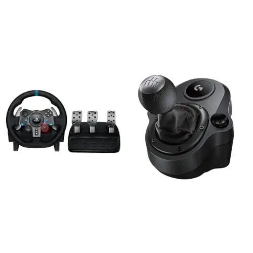 Logitech G G29 Volante y Pedales de Carrera, Force Feedback, para PS5, PS4, PC y MAC y Palanca de Cambio para Volante, 6 Velocidades, Marcha Atrás a Presion, Acero y Cuero auténtico